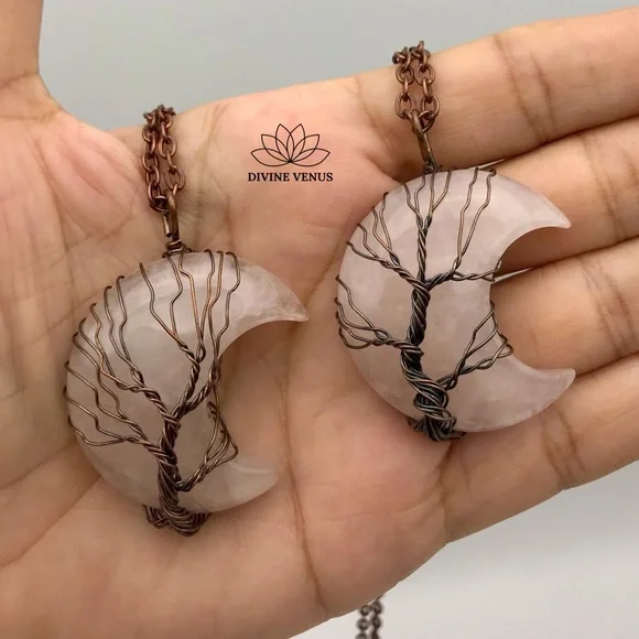 Rose Quartz - Wire Wrapped Moon Shaped Red Copper - Picture 3 of 8